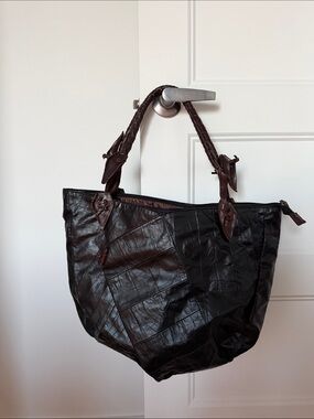 Patchwork Braided-Handle Leather Tote in Dark Brown
